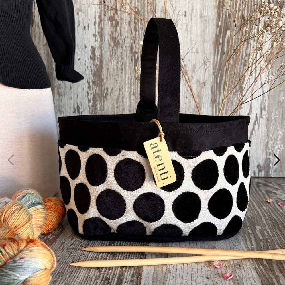 Atenti “Spot On Caddy” handcrafted black and white polka dot, knitting tote.